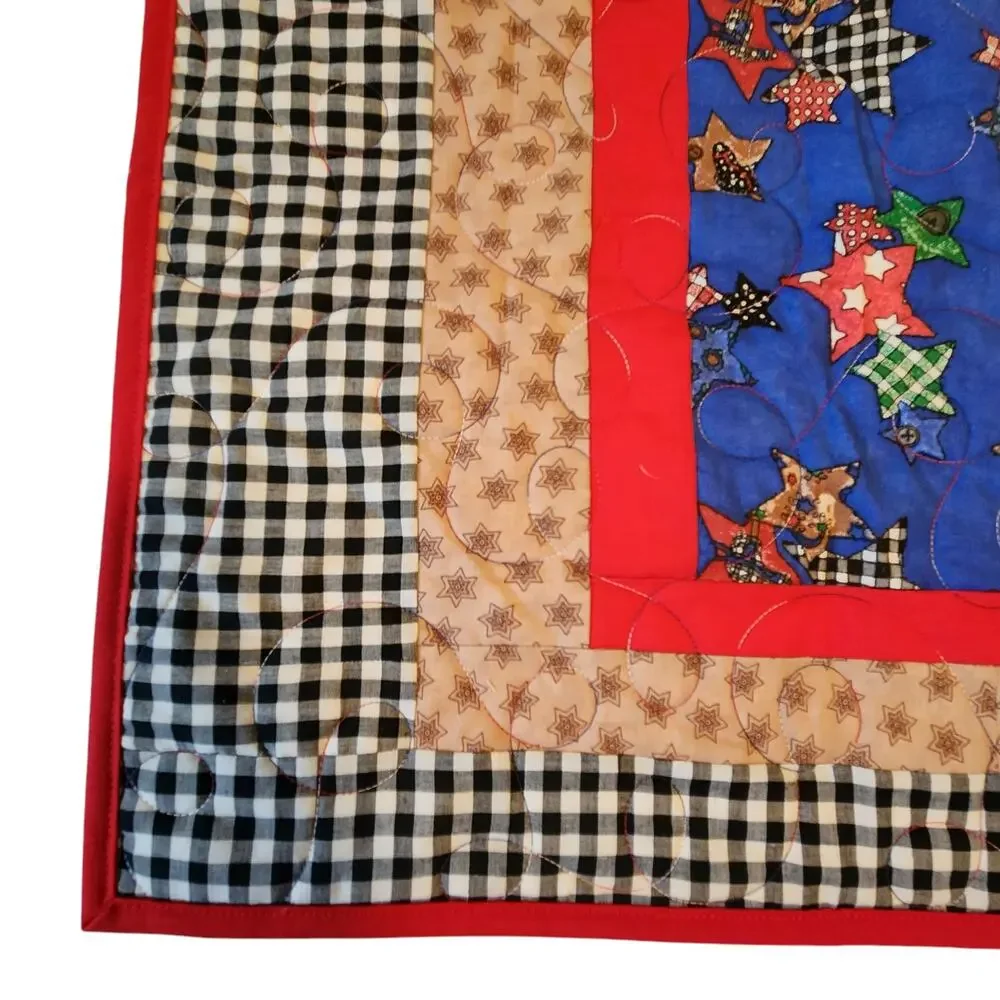 Handmade, New Lap quilt Blue & Red, Stars, Gingham, Wall Hanging, decor